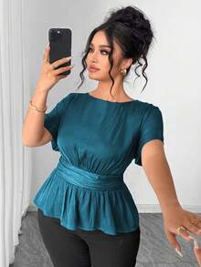 Elenzga Women's Plus Size Island Satin Round Neck Dropped Shoulder Cuffed Sleeve Wide Waist Center Ruched Back Elastic Gathered Short Hem Short Sleeve Blouse, Duck Blue, Elegant French Romantic Vintage Office Commute Business Casual Beach Vacation Street Style Minimalist Versatile Old Money Style Shirt, Wedding Season Valentine's Day Afternoon Tea Party Spring Summer New - Teal Blue - View 1