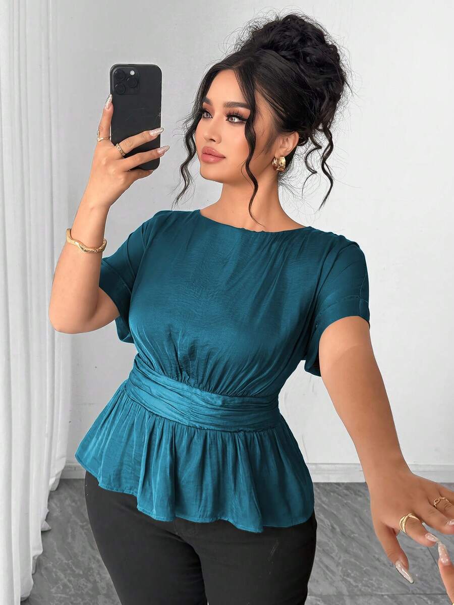 Elenzga Women's Plus Size Island Satin Round Neck Dropped Shoulder Cuffed Sleeve Wide Waist Center Ruched Back Elastic Gathered Short Hem Short Sleeve Blouse, Duck Blue, Elegant French Romantic Vintage Office Commute Business Casual Beach Vacation Street Style Minimalist Versatile Old Money Style Shirt, Wedding Season Valentine's Day Afternoon Tea Party Spring Summer New - Teal Blue - View 1