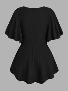 EMERY ROSE Plus Size Women's Spring/Summer Chain Trim Ruffle Knot Waist Knit Solid Color Elegant A-Line V-Neck T-Shirt Top - Black - View 2