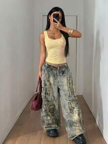 Fiercella Fiercella 女士黑色百搭通勤U领银色英文字母印花街头风修身性感返校吊带背心，春夏款 - 黃色 - 查看 5