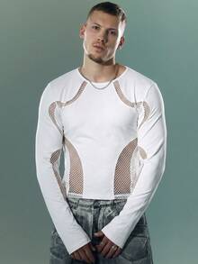 FeverCity Men's Hollow Design Crew Neck Long Sleeve T-Shirt - White - View 5