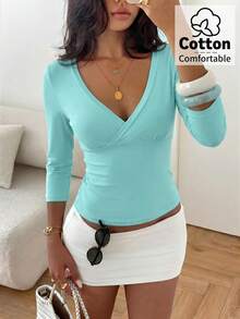 Aloruh Aqua Blue V-Neck 3/4 Sleeve Slimming T-Shirt Everyday Sexy Autumn Casual Outfits Clothes Beach Everyday Going Out Vacation Boho Y2k Clothes Y2K Tops - Teal Blue - View 7