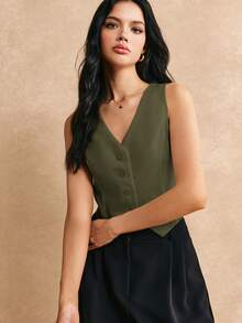 Poéselle Casual Chic Solid Color Minimalist Draped V-Neck Sleeveless Blazer With Decorative Button Details Teachers' Day Business Office Olive Green Summer - Green - View 7