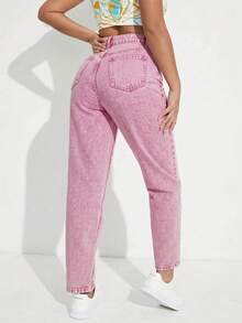SHEIN ICON 女款高腰口袋休閒百搭牛仔媽媽牛仔褲 - 西瓜粉 - 查看 2