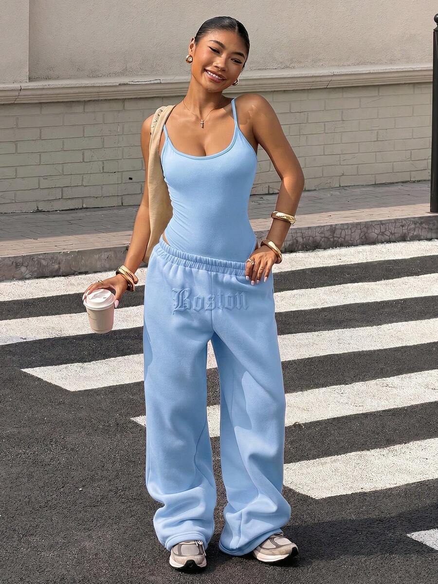 Muchica Solid Color Camisole Long Pants 2 Pieces Sports Athletic Sporty Set For Women Back-To-School Daily Day Time Everyday Office Light Blue Summer - Blue - View 1