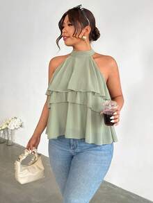 Firerie Plus Size Women Solid Color Casual Elegant Versatile Daily Wear Halter Neck Blouse Evening Party Wedding Guest Sage Green Summer - Green - View 5