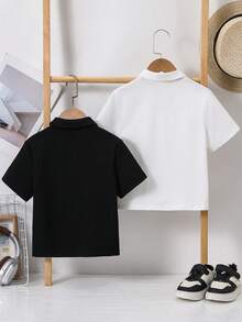 SHEIN 兒童男童 2件組可愛休閒夏季百搭條紋短袖 Polo 衫，適合生日派對、儀式、婚禮、學校、度假 - 彩色 - 查看 3