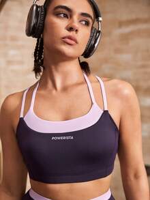 Powerista 女款簡約日常運動套裝 紫色與粉色拼接時尚運動套裝 內衣式上衣 跑步健身 夏季休閒健身房運動 假分層設計 - 紫色 - 查看 10