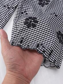 SHEIN 女童長褲 黑白格紋印花刺繡下擺 時尚百搭 適合日常穿著、居家、外出與聚會 - 黑色 - 查看 5