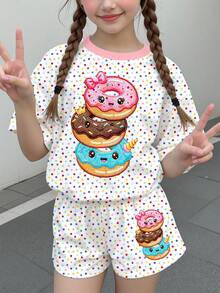 Tween女孩休閒極簡可愛甜甜圈圖案，彩色波點印花，甜奶油風，度假風，短袖與短褲兩件套，適合夏季，圖案設計，舒適，女孩套裝，Y2K，Kawaii - 彩色 - 查看 2