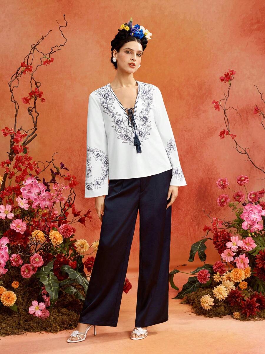 Glamance Frida Kahlo X SHEIN White And Blue Floral Tassel Tie Deep V Loose Blouse, Elegant Boho Mature Casual Sexy For Outings Brunch Vacation, Work, Office, Daily Wear, Summer - White - View 1