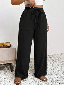 SHEIN Frenchy Damen-Freizeithose in großen Größen, lässiger Business-Boho-Stil, locker geschnitten, modische leichte schwarze Strandhose für den Urlaub, geeignet für Strandurlaub, Sommerkleidung für Damen, Business-Hose für Frauen, lässige Urlaubshose - Schwarz - Übersicht 4
