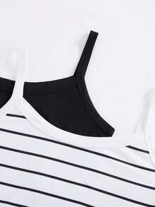 SHEIN LUNE 2026新款百搭連身內衣 條紋/純黑兩色 貼身細肩帶女款 辣妹顯瘦 百搭內搭外穿底層 適合居家、辦公、通勤、約會 - 黑與白 - 查看 3