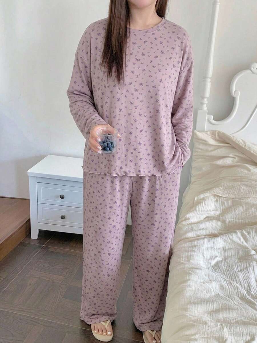 Dazy Plus 時尚兩件式居家服套裝,優雅碎花寬鬆上衣與睡褲,大尺碼女款春夏秋睡衣套裝 - 紫丁香色 - 查看 1