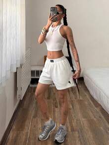 Muchica White Knit Women's Letter Embroidered Wide Leg Shorts Active Gym Summer Athleisure - White - View 3