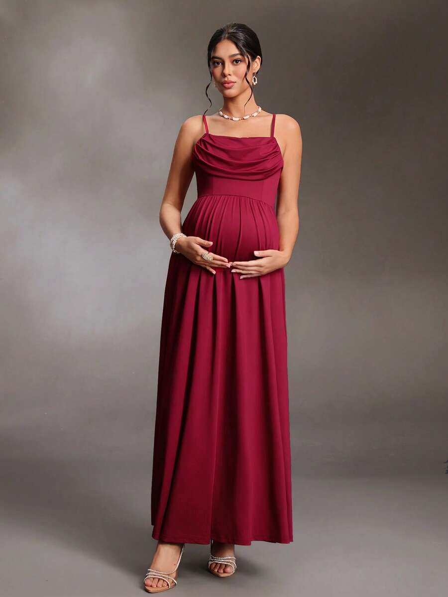 Cheriluna Maternity Gaun Hamil Elegan dengan Desain Lipit Depan dan Tali Bahu Tipis untuk Fotografi - Burgundy - View 1