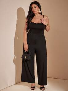 SHEIN BAE Plus Size Black Lace Patchwork Long Jumpsuit With Cup Elegant Sexy Notched Neck Slim Fit For Women Party Evening Cocktail Date Night Summer - Black - View 5