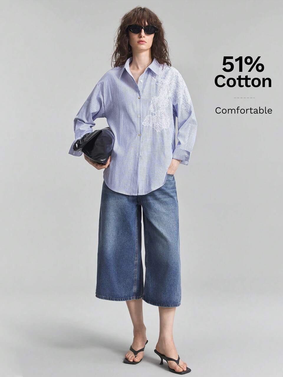 2026 New Summer Women's Loose Fit Blue Striped Long Sleeve Blouse, Woven Fabric, Turn Collar, Button Front, Embroidered Asymmetric Design, Casual Commute, Urban Modern Minimalist Elegant, Tea Party, Independence Day, Old Money Style, Teacher Outfit, Women's Office Wear, Holiday Dress, Vacation, Date, Women's Outwear, Fashion Versatile Women's Shirt