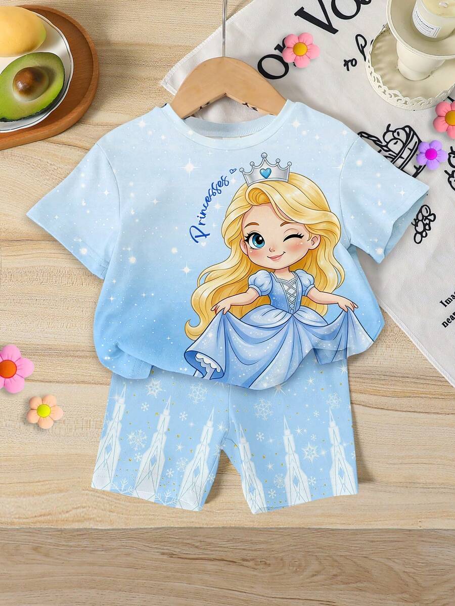Summer Baby Girl Casual Multi-Piece Set, Brown & Apricot Leopard Print Cartoon Rabbit Pattern, Round Neck Short Sleeve T-Shirt & Shorts - Multicolor - View 1