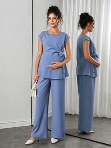 Momance Blue Tie-Strap Short Sleeve Top And High-Waist Wide-Leg Pants Set, Round Neck Design, Bow Tie Waist, Draped Wide-Leg Long Pants, Summer Lightweight, Slimming And Height-Enhancing, Versatile Commute, Minimalist Premium Feel, European And American Style, Casual Everyday - Blue - View 3