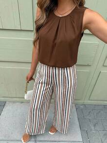 SHEIN Clasi Damen Set aus einfarbigem plissiertem Rundhals-Top und gestreifter Hose, 2-teilig, Casual - Verschiedenfarbig - Übersicht 7