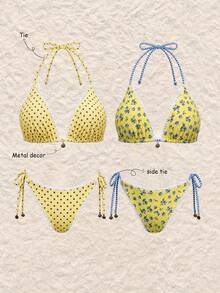 Swim Vcay 女款夏季度假清新雙圖案波點花卉對比條紋掛脖比基尼套裝，側綁帶兩件式附金屬貝殼裝飾，VCAY度假泳裝沙灘穿搭，返校季教師款 - 黃色 - 查看 1