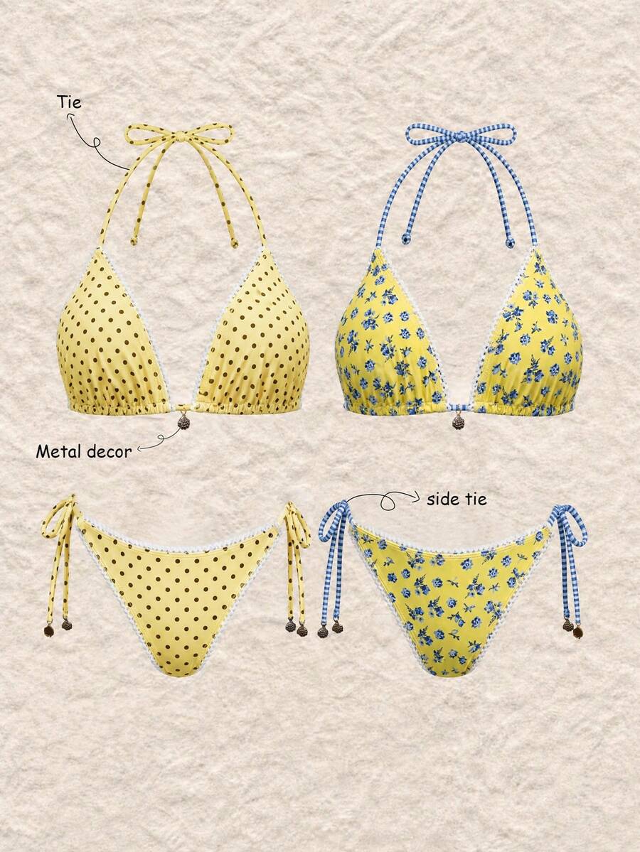 Swim Vcay 女款夏季度假清新雙圖案波點花卉對比條紋掛脖比基尼套裝,側綁帶兩件式附金屬貝殼裝飾,VCAY度假泳裝沙灘穿搭,返校季教師款 - 黃色 - 查看 1