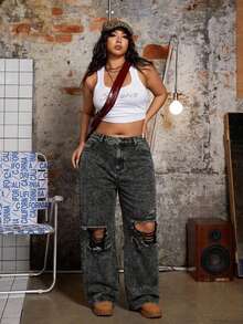 SHEIN ICON 大尺碼女款休閒百搭日常牛仔褲，附口袋、鈕扣與破洞設計 - 黑色 - 查看 3