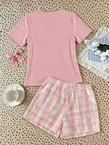 SHEIN 青少年女孩休閒寬鬆極簡風圓領短袖短褲居家服，適合春夏穿著 - 彩色 - 查看 2