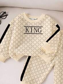 1套男嬰休閒熊圖案幾何拼色復古字母KING印花圓領長袖衛衣與配套長褲套裝 - 彩色 - 查看 4
