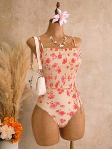 Swim Vcay White Random Print Smocked One-Piece Swimsuit With Adjustable Shoulder Straps, Tropical Boho Beach Vacation Swimwear For Women Summer - Yellow - View 4