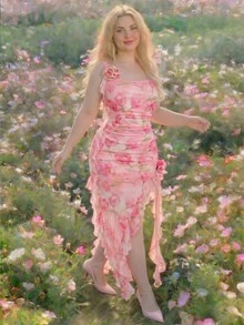 SHEIN MOD 大码女士浪漫碎花连衣裙，适合约会、情人节、春夏、婚礼、生日等场合，粉色碎花连衣裙，粉色束身连衣裙，褶皱连衣裙，粉色花朵连衣裙，玫瑰连衣裙 - 彩色 - 查看 2