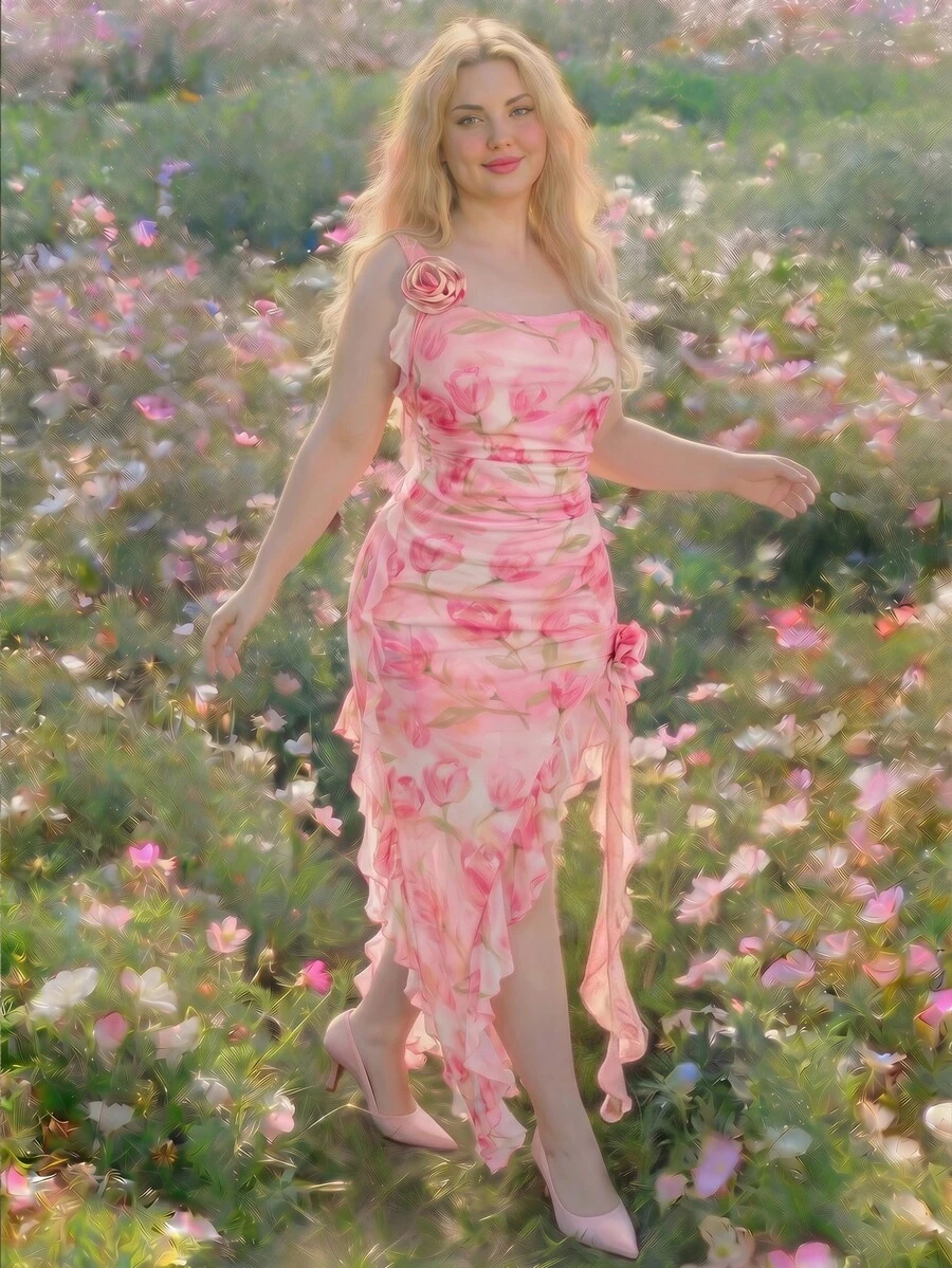 SHEIN MOD 大码女士浪漫碎花连衣裙，适合约会、情人节、春夏、婚礼、生日等场合，粉色碎花连衣裙，粉色束身连衣裙，褶皱连衣裙，粉色花朵连衣裙，玫瑰连衣裙