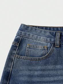 SWAVVY Celana Jeans Denim Kasual Pria Model Lebar dengan Desain Gesper Pesawat dan Saku - Biru - View 5