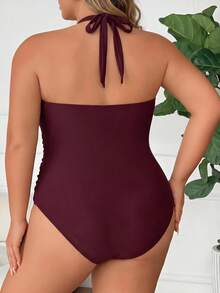 SHEIN CURVE+ 2026夏季大尺碼女款V領酒紅色螺紋抓皺收腹提臀連身泳衣 - 酒紅色 - 查看 2