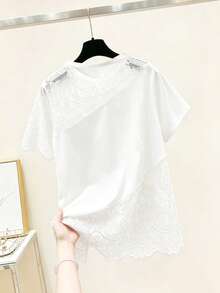 GlowEve CURVE Plus Size Women's Contrast Lace Round Neck Short Sleeve Casual T-Shirt - White - View 2