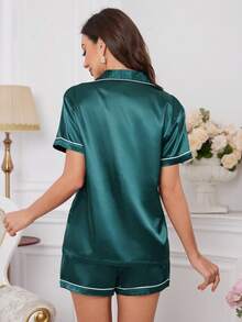 Satin Collar Casual Pajama Set For Women - Green - View 2