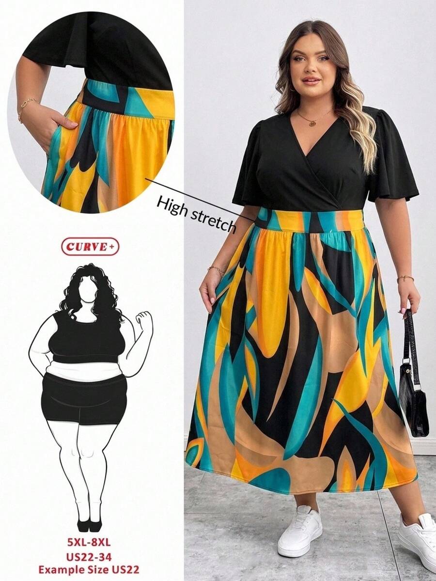 SHEIN CURVE+ Vestido de Talla Grande con Estampado de Bloques de Color y Patchwork - Multicolor - Ver 1
