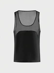 FeverCity Men's Solid Color Contrast Mesh Crew Neck Casual Tank Top - Black - View 4