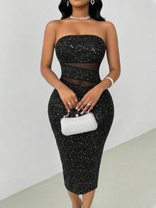 Allurite Vestido mini ajustado con paneles de malla metálica sexy - Negro - Ver 3