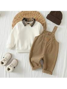 Loomiva Baby Boy Contrast Plaid Collar 2 In 1 Long Sleeve Pullover Sweatshirt & Long Pants 2-Piece Set, Versatile And Comfortable - Apricot - View 9