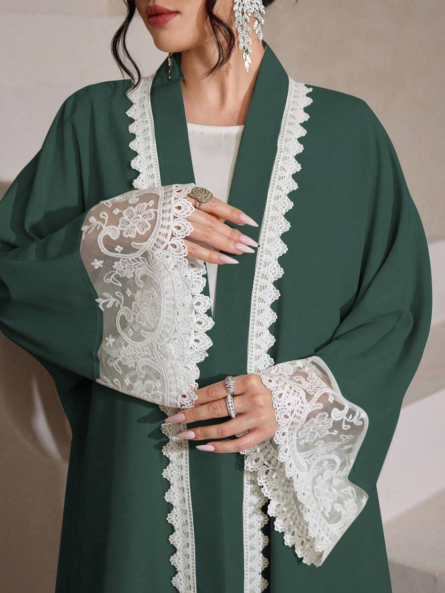 Al Najma 水溶性蕾絲飾邊開襟衫,純色優雅杜拜風長袖阿巴雅 - 墨綠色 - 查看 1