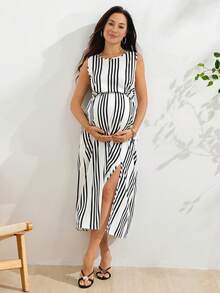 SHEIN Vestido casual de maternidad con cuello redondo, diseño de bloques de color a rayas y abertura, para uso diario - Multicolor - Ver 4