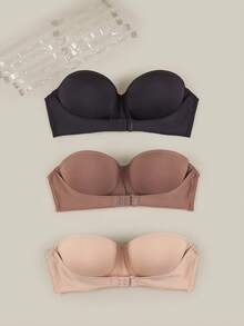 Bralution 3-Pack Multi-Color Strapless Bras, Black, Deep Nude & Beige, Underwire Molded Cup, High-Support Push-Up Balconette - Multicolor - View 1
