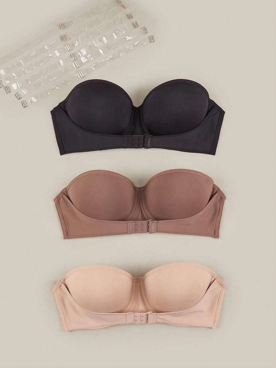 Bralution 3-Pack Multi-Color Strapless Bras, Black, Deep Nude & Beige, Underwire Molded Cup, High-Support Push-Up Balconette - Multicolor - View 1