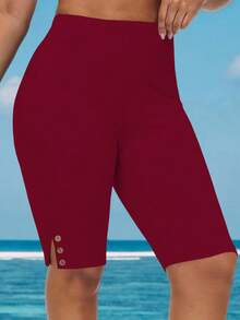 EMERY ROSE Pantalones cortos básicos de cintura alta con diseño de botones de unicolor para mujer de talla grande - Burdeos - Ver 3