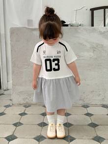Dazy Kids 嬰兒/幼兒（女童）圓領條紋拼接短袖英文印花洋裝 - 灰色 - 查看 4