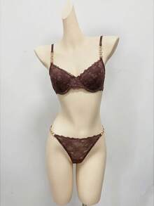 SHEIN Esselle 2pcs/Set Women's Lace Underwire Bra And Panty Set - Coffee Brown - View 7