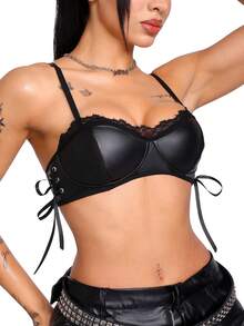 AltBold Classic Sexy Fashion Pioneer Punk Soft & Hard Balance Precision PU Contrast Lace Trim Side Tie Strappy Top Women's Lingerie Bra 1pc - Black - View 3