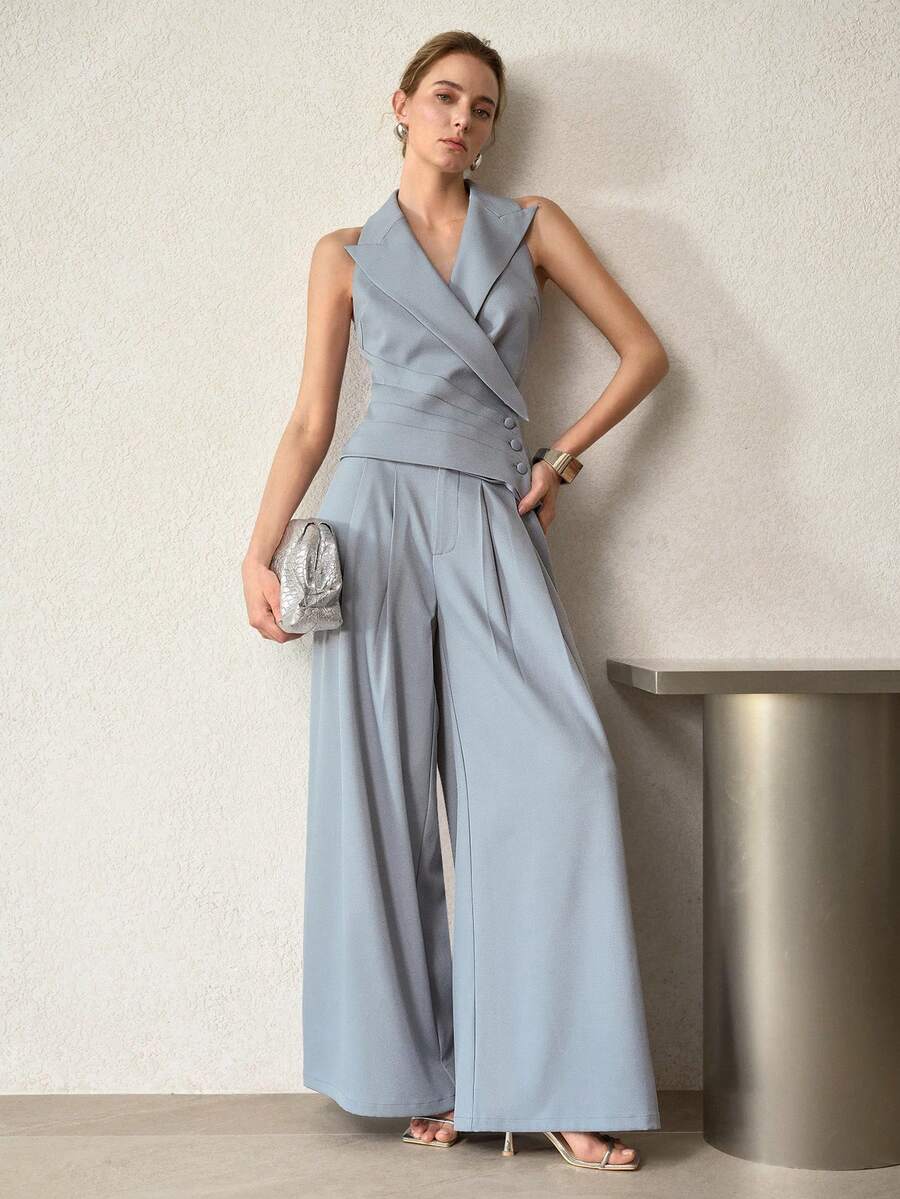 MOTF PREMIUM 2PCS LAPEL COLLAR FITTED VEST TOP & WIDE LEG FOLD PLEATED PANTS SET, SPRING/SUMMER - Baby Blue - View 2
